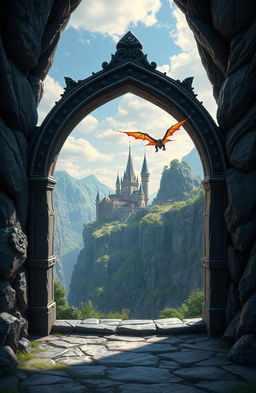 A fantasy art novel cover featuring a small, intricately designed obsidian archway
