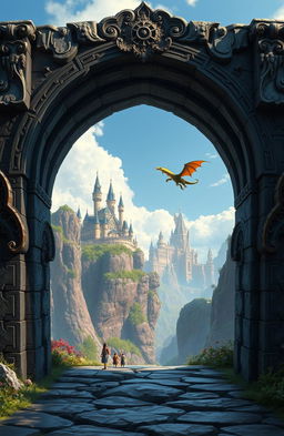 A fantasy art novel cover featuring a small, intricately designed obsidian archway
