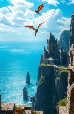 A stunning fantasy novel cover depicting a majestic kingdom perched on the edge of towering cliffs, overlooking a vast, shimmering ocean
