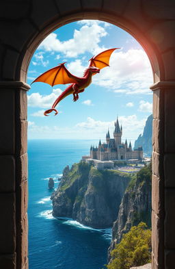 A stunning fantasy novel cover depicting a majestic kingdom perched on the edge of towering cliffs, overlooking a vast, shimmering ocean