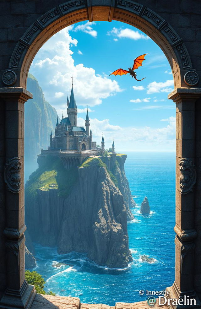 A stunning fantasy novel cover depicting a majestic kingdom perched on the edge of towering cliffs, overlooking a vast, shimmering ocean