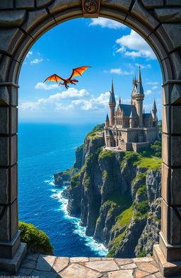 A stunning fantasy novel cover depicting a majestic kingdom perched on the edge of towering cliffs, overlooking a vast, shimmering ocean