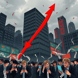 A dramatic illustration depicting a falling stock market index, represented by a large, downward-pointing graph with red arrows, symbolizing loss