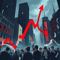 A dramatic illustration depicting a falling stock market index, represented by a large, downward-pointing graph with red arrows, symbolizing loss