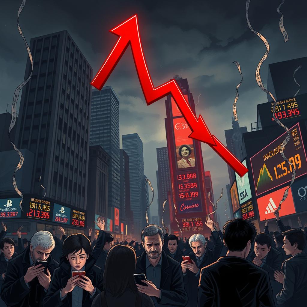 A dramatic illustration depicting a falling stock market index, represented by a large, downward-pointing graph with red arrows, symbolizing loss