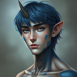 A half body portrait of a male human with Caucasian skin and medium length blue hair, featuring patches of blue scales on his jaw, arms, and neck