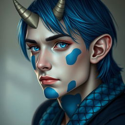 A half body portrait of a male human with Caucasian skin and medium length blue hair, featuring patches of blue scales on his jaw, arms, and neck