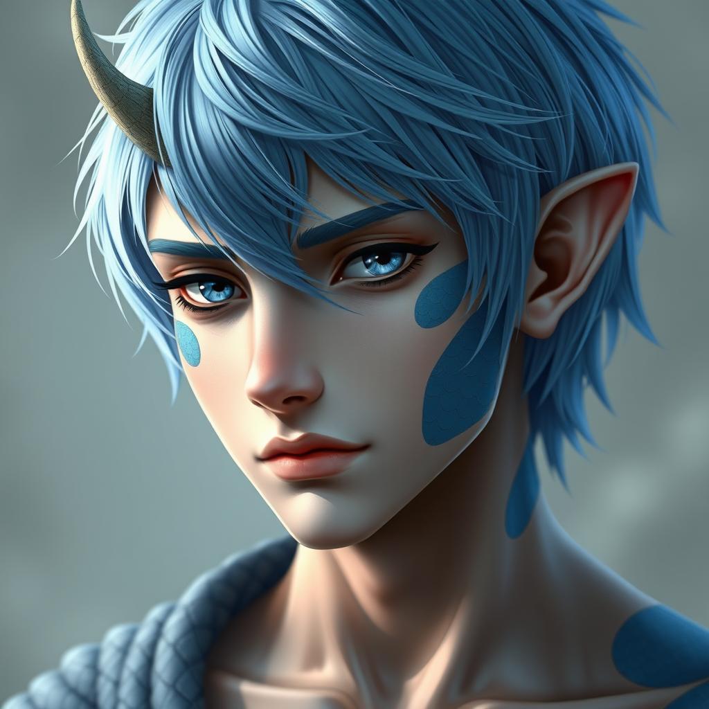 A half body portrait of a male human with Caucasian skin and medium length blue hair, featuring patches of blue scales on his jaw, arms, and neck