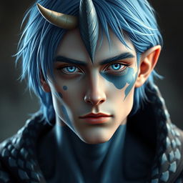 A half body portrait of a male human with Caucasian skin and medium length blue hair, featuring patches of blue scales on his jaw, arms, and neck