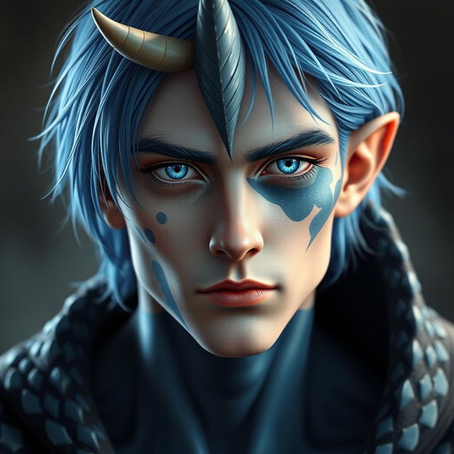 A half body portrait of a male human with Caucasian skin and medium length blue hair, featuring patches of blue scales on his jaw, arms, and neck