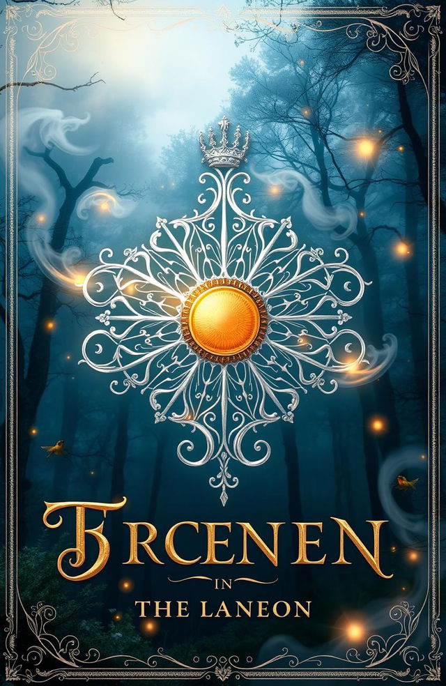 A stunning fantasy art novel cover featuring a beautifully intricate silver filigree family crest of a sun at its center