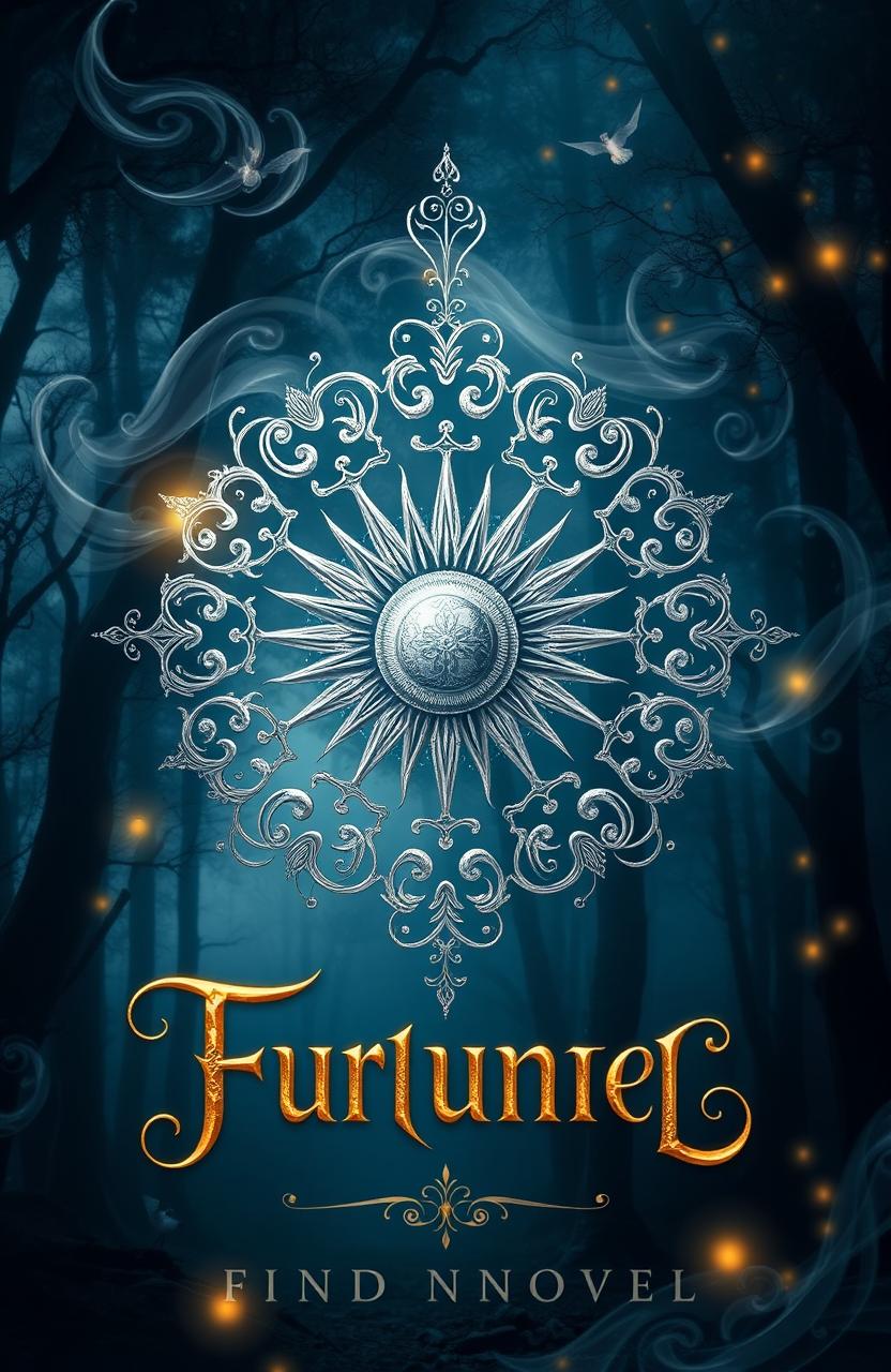 A stunning fantasy art novel cover featuring a beautifully intricate silver filigree family crest of a sun at its center