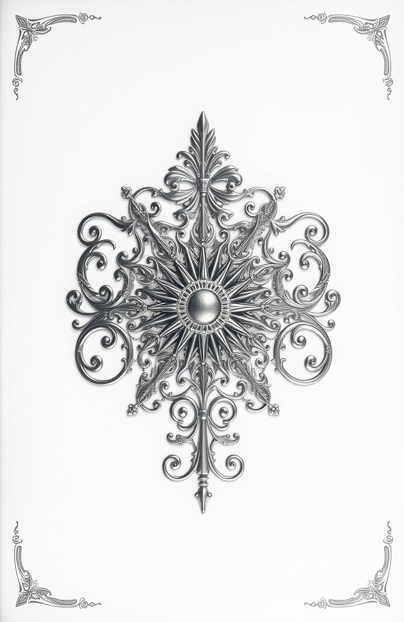 A fantasy art novel cover featuring an intricately designed silver filigree family crest depicting a radiant sun at its center