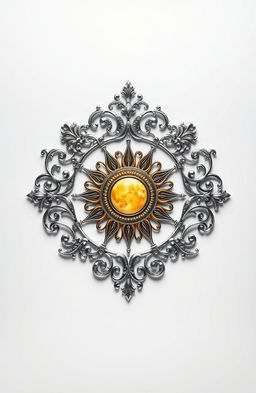 A fantasy art novel cover featuring an intricately designed silver filigree family crest depicting a radiant sun at its center
