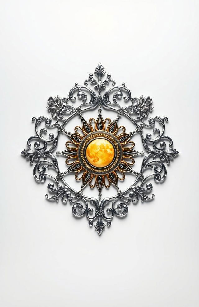 A fantasy art novel cover featuring an intricately designed silver filigree family crest depicting a radiant sun at its center