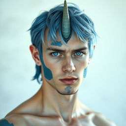 A half body portrait of a male human with Caucasian skin and medium length blue hair