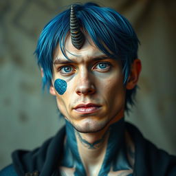 A half body portrait of a male human with Caucasian skin and medium length blue hair