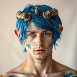 A half body portrait of a male human with Caucasian skin and medium length blue hair