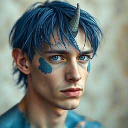A half body portrait of a male human with Caucasian skin and medium length blue hair