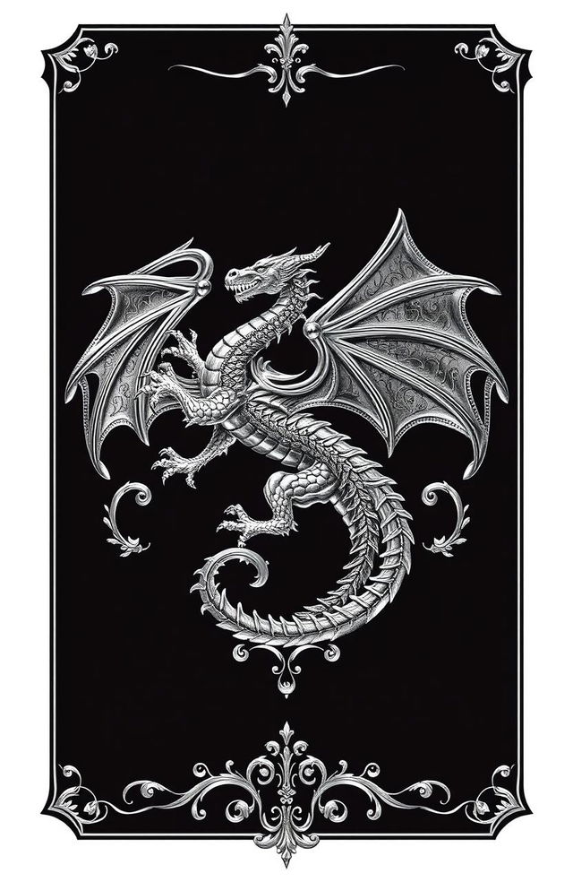 A fantasy art novel cover featuring a beautifully designed silver filigree family crest of a dragon