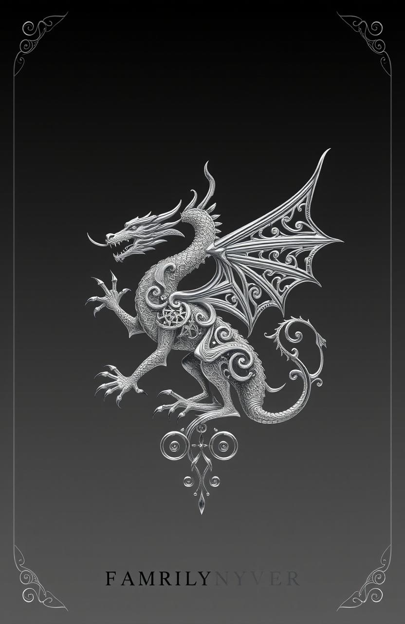 A fantasy art novel cover featuring a beautifully designed silver filigree family crest of a dragon