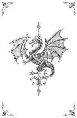 A fantasy art novel cover featuring a beautifully designed silver filigree family crest of a dragon
