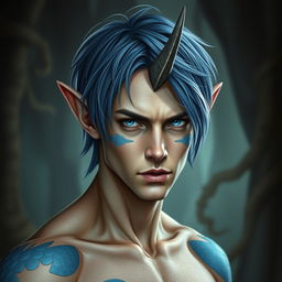 A male human with Caucasian skin, featuring medium length blue hair and distinctive patches of blue scales on the jaw, arms, and neck