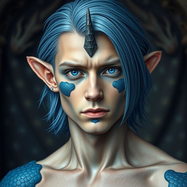 A male human with Caucasian skin, featuring medium length blue hair and distinctive patches of blue scales on the jaw, arms, and neck