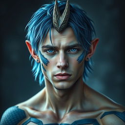 A male human with Caucasian skin, featuring medium length blue hair and distinctive patches of blue scales on the jaw, arms, and neck