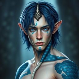 A male human with Caucasian skin, featuring medium length blue hair and distinctive patches of blue scales on the jaw, arms, and neck