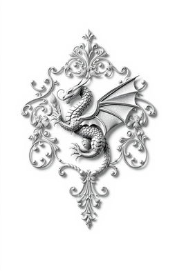 A beautifully designed family crest featuring intricate filigree details, showcasing a majestic dragon as the central element