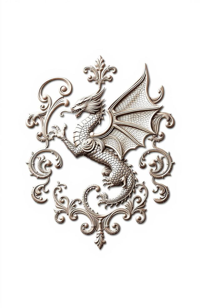 A beautifully designed family crest featuring intricate filigree details, showcasing a majestic dragon as the central element