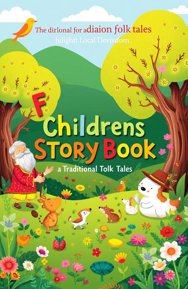A colorful and engaging cover for a children's storybook featuring traditional folk tales that highlight local wisdom