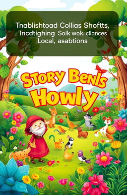 A colorful and engaging cover for a children's storybook featuring traditional folk tales that highlight local wisdom