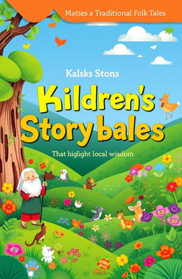 A colorful and engaging cover for a children's storybook featuring traditional folk tales that highlight local wisdom