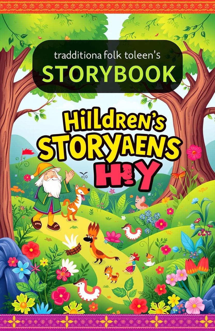 A colorful and engaging cover for a children's storybook featuring traditional folk tales that highlight local wisdom