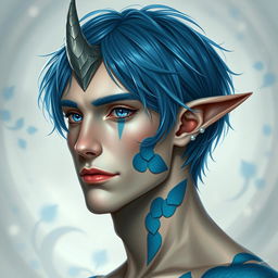 A male human with Caucasian skin, medium length blue hair complemented by patches of blue scales adorning his jaw, arms, and neck