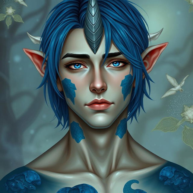 A male human with Caucasian skin, medium length blue hair complemented by patches of blue scales adorning his jaw, arms, and neck