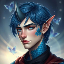 A male human with Caucasian skin, medium length blue hair complemented by patches of blue scales adorning his jaw, arms, and neck