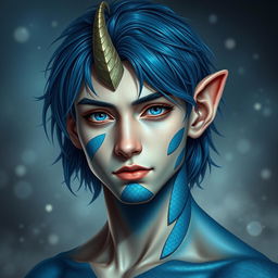 A male human with Caucasian skin, medium length blue hair complemented by patches of blue scales adorning his jaw, arms, and neck