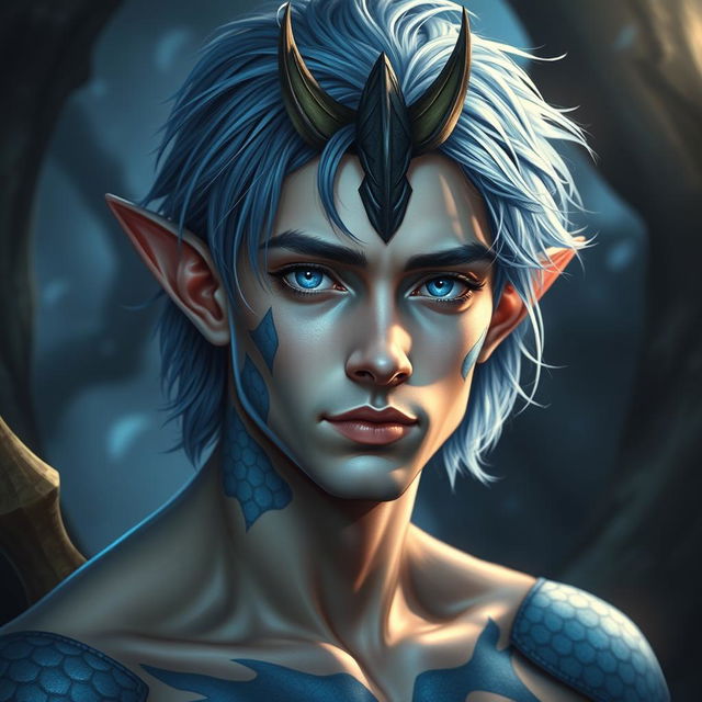 A male human with Caucasian skin, adorned with medium length blue hair and unique patches of blue scales decorating his jaw, arms, and neck