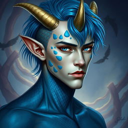 A male human with Caucasian skin, adorned with medium length blue hair and unique patches of blue scales decorating his jaw, arms, and neck