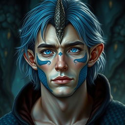A male human with Caucasian skin, adorned with medium length blue hair and unique patches of blue scales decorating his jaw, arms, and neck