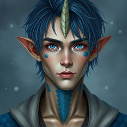 A male human with Caucasian skin, sporting medium length blue hair and unique patches of blue scales located on his jaw, arms, and neck