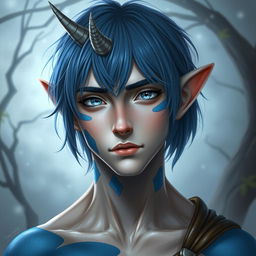 A male human with Caucasian skin, sporting medium length blue hair and unique patches of blue scales located on his jaw, arms, and neck