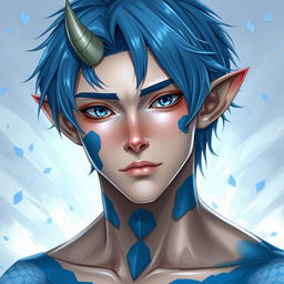 A male human with Caucasian skin, sporting medium length blue hair and unique patches of blue scales located on his jaw, arms, and neck