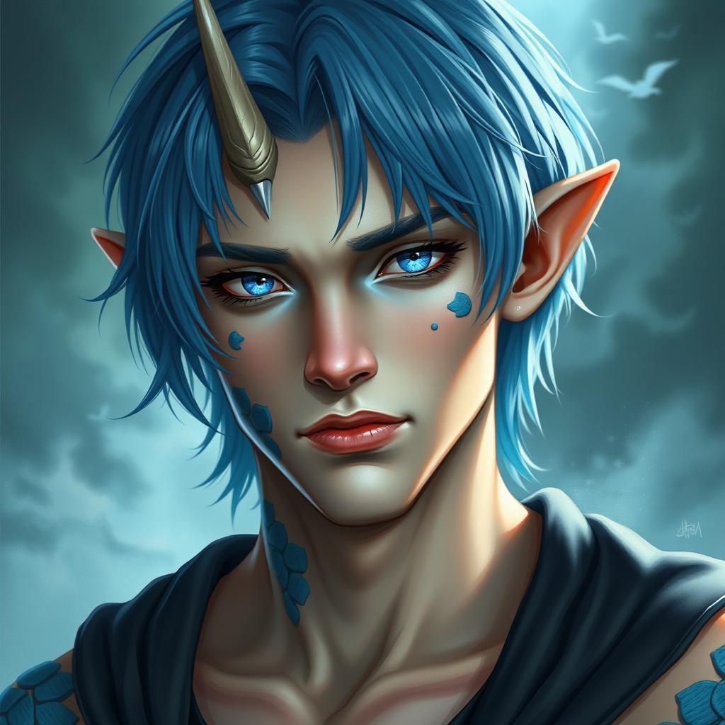 A male human with Caucasian skin, sporting medium length blue hair and unique patches of blue scales located on his jaw, arms, and neck