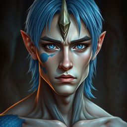 A male human with Caucasian skin, showcasing medium length blue hair and distinctive patches of blue scales on his jaw, arms, and neck