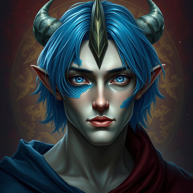A male human with Caucasian skin, showcasing medium length blue hair and distinctive patches of blue scales on his jaw, arms, and neck