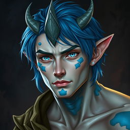A male human with Caucasian skin, showcasing medium length blue hair and distinctive patches of blue scales on his jaw, arms, and neck